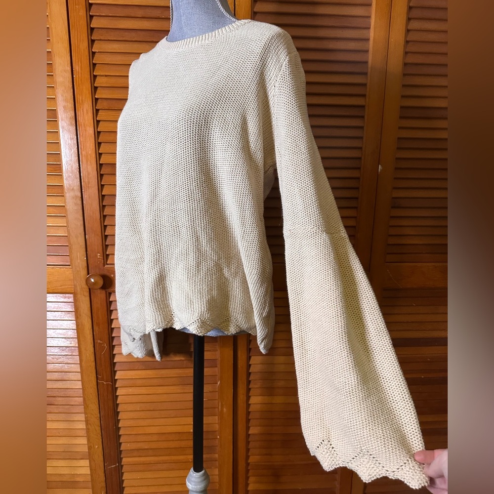 NWT Neutral Beige Knit Crochet Fairy Bell Sleeve Sweater